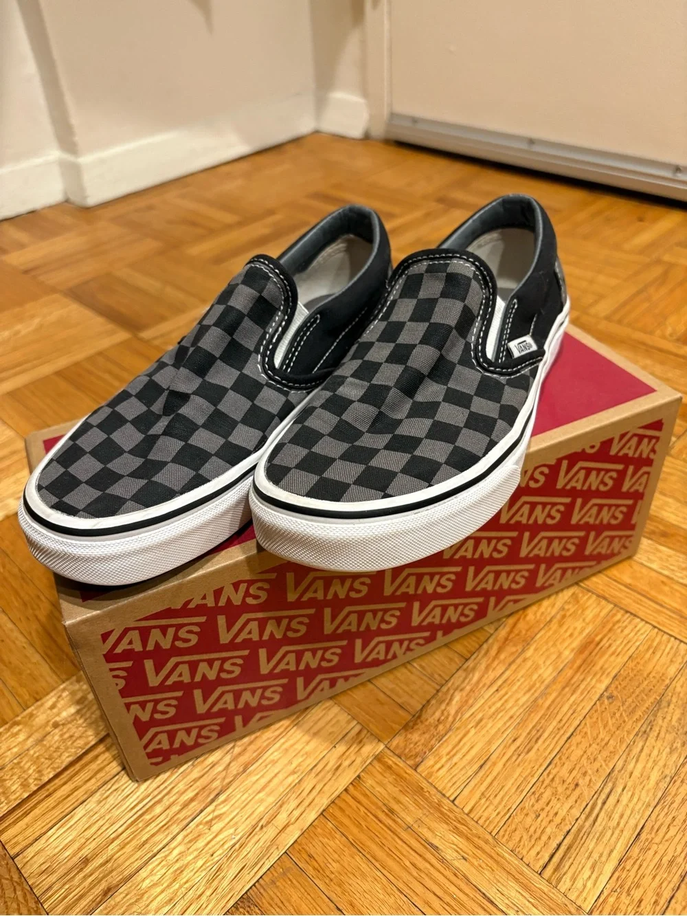 Vans Slip-On Checkerboard Sneakers - Black/Grey with White Sole (M: 5 / W: 6.5) - Picture 1 of 5